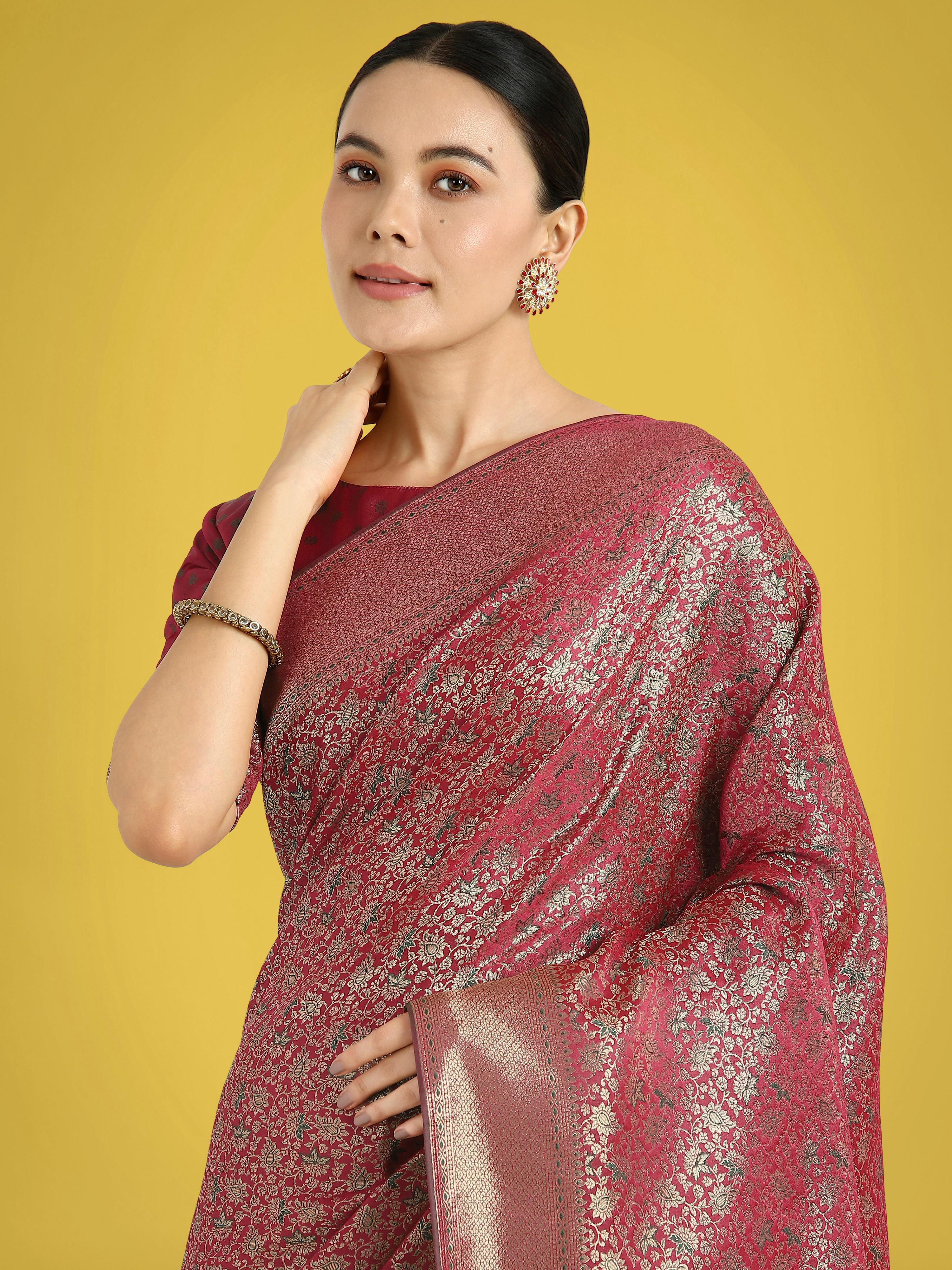 Monjolika Fashion Maroon Color Baanrasi Satin Silk Saree for Wedding Functions