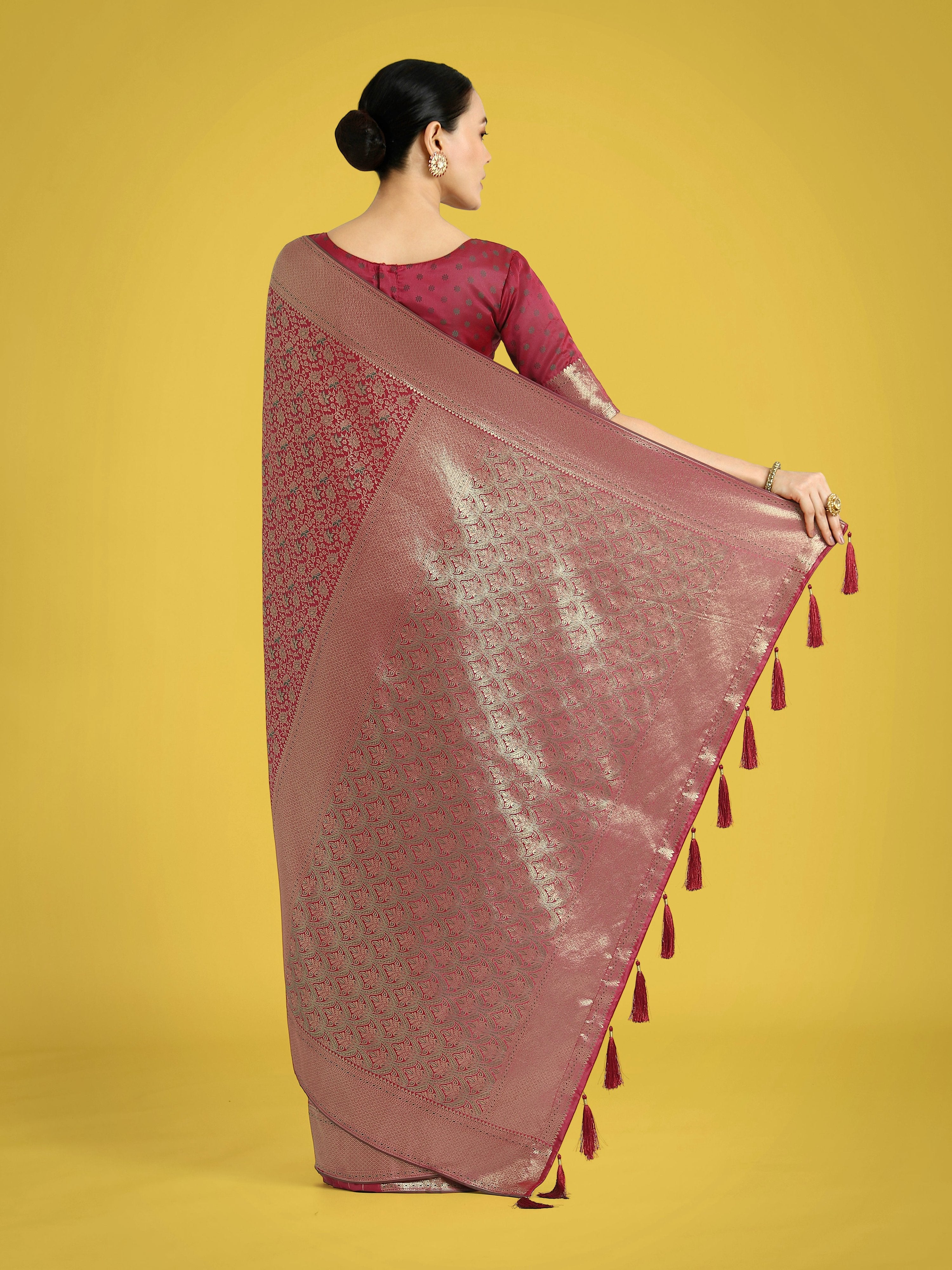 Monjolika Fashion Maroon Color Baanrasi Satin Silk Saree for Wedding Functions