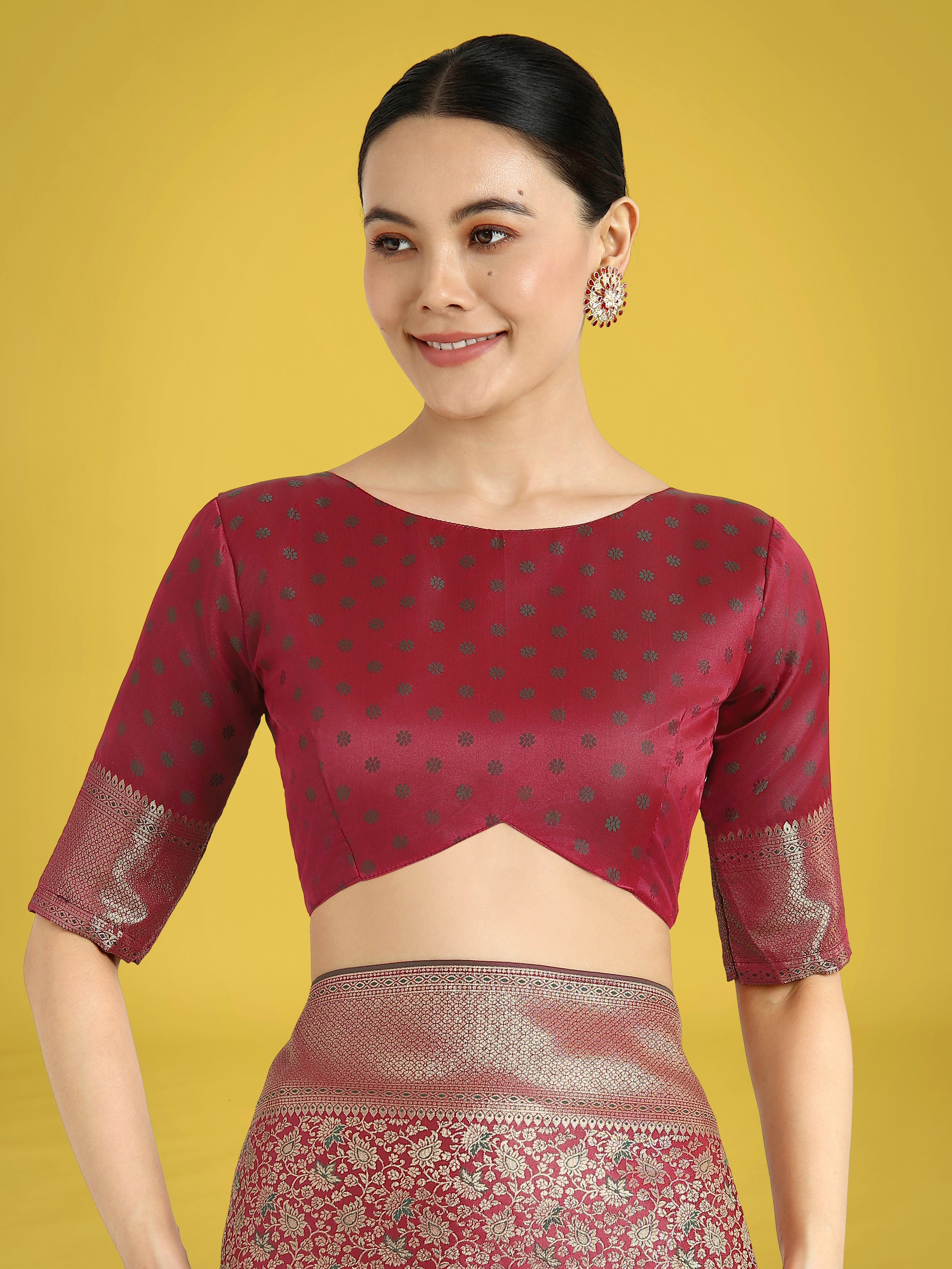 Monjolika Fashion Maroon Color Baanrasi Satin Silk Saree for Wedding Functions