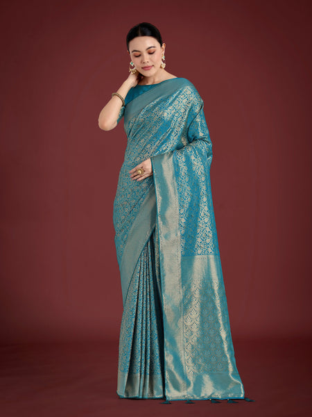 Monjolika Fashion Dusty Cyan Color Baanrasi Satin Silk Saree for Wedding Functions