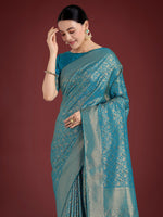 Thumbnail for Monjolika Fashion Dusty Cyan Color Baanrasi Satin Silk Saree for Wedding Functions