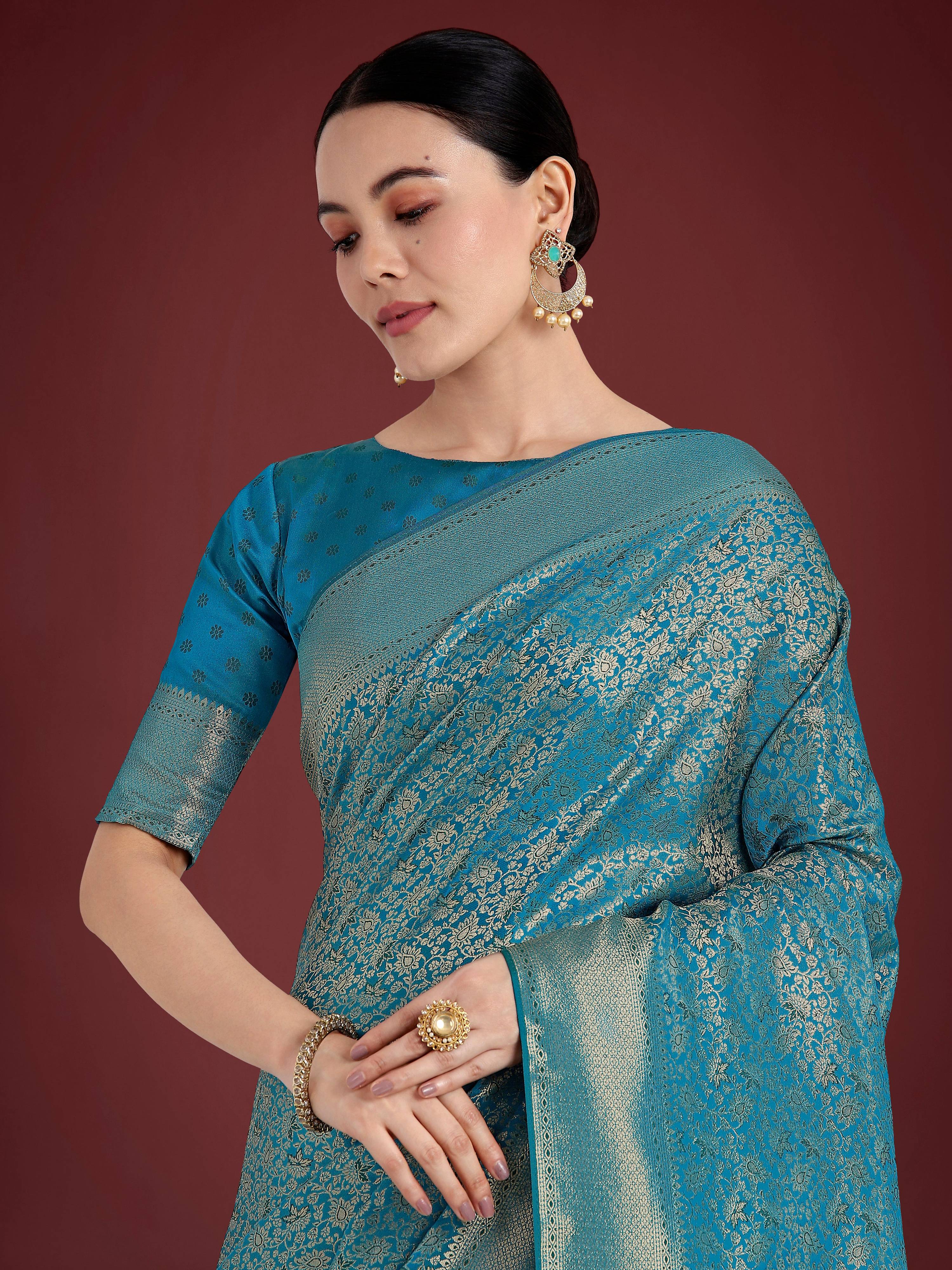 Monjolika Fashion Dusty Cyan Color Baanrasi Satin Silk Saree for Wedding Functions