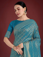 Thumbnail for Monjolika Fashion Dusty Cyan Color Baanrasi Satin Silk Saree for Wedding Functions