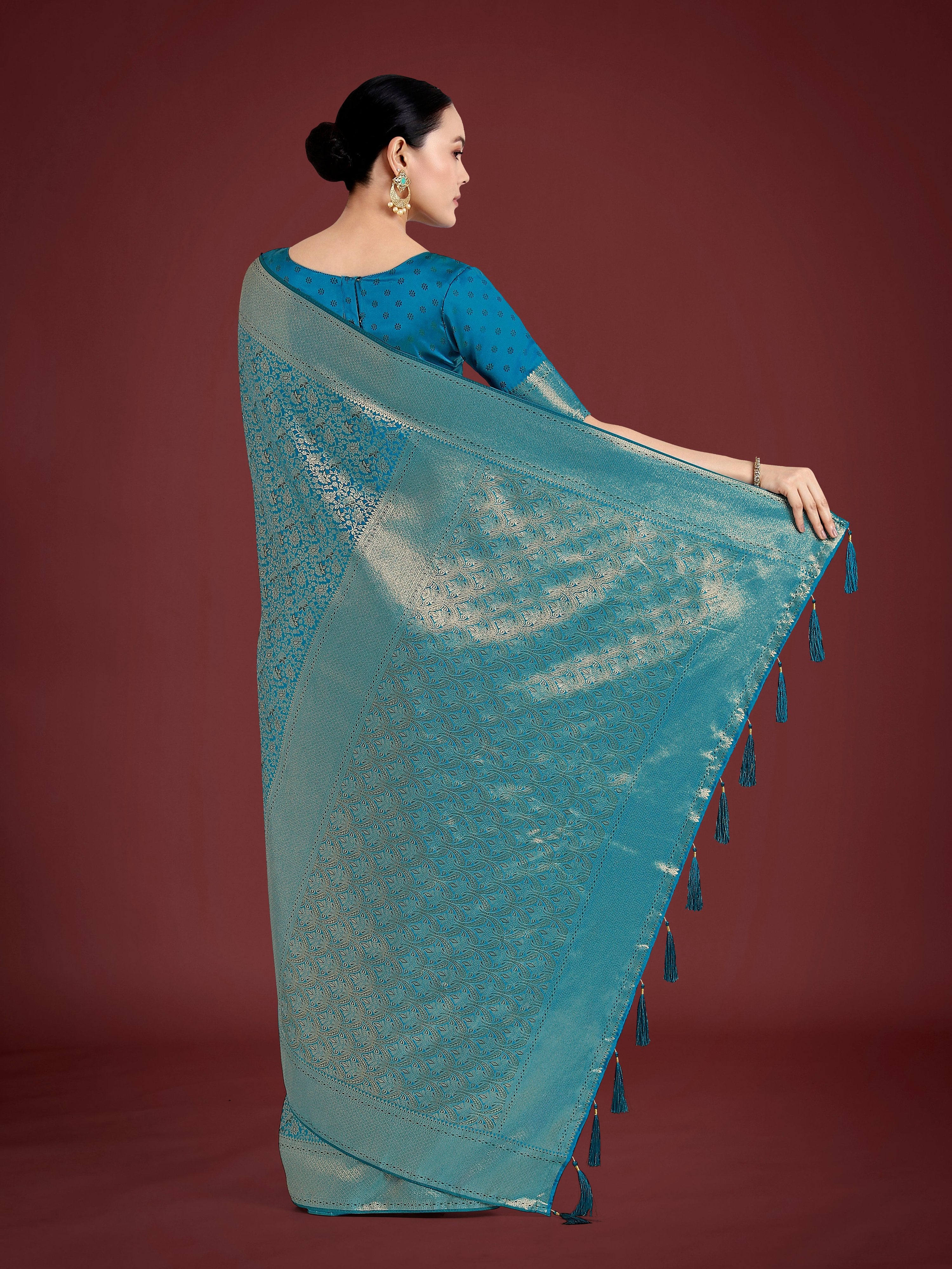 Monjolika Fashion Dusty Cyan Color Baanrasi Satin Silk Saree for Wedding Functions