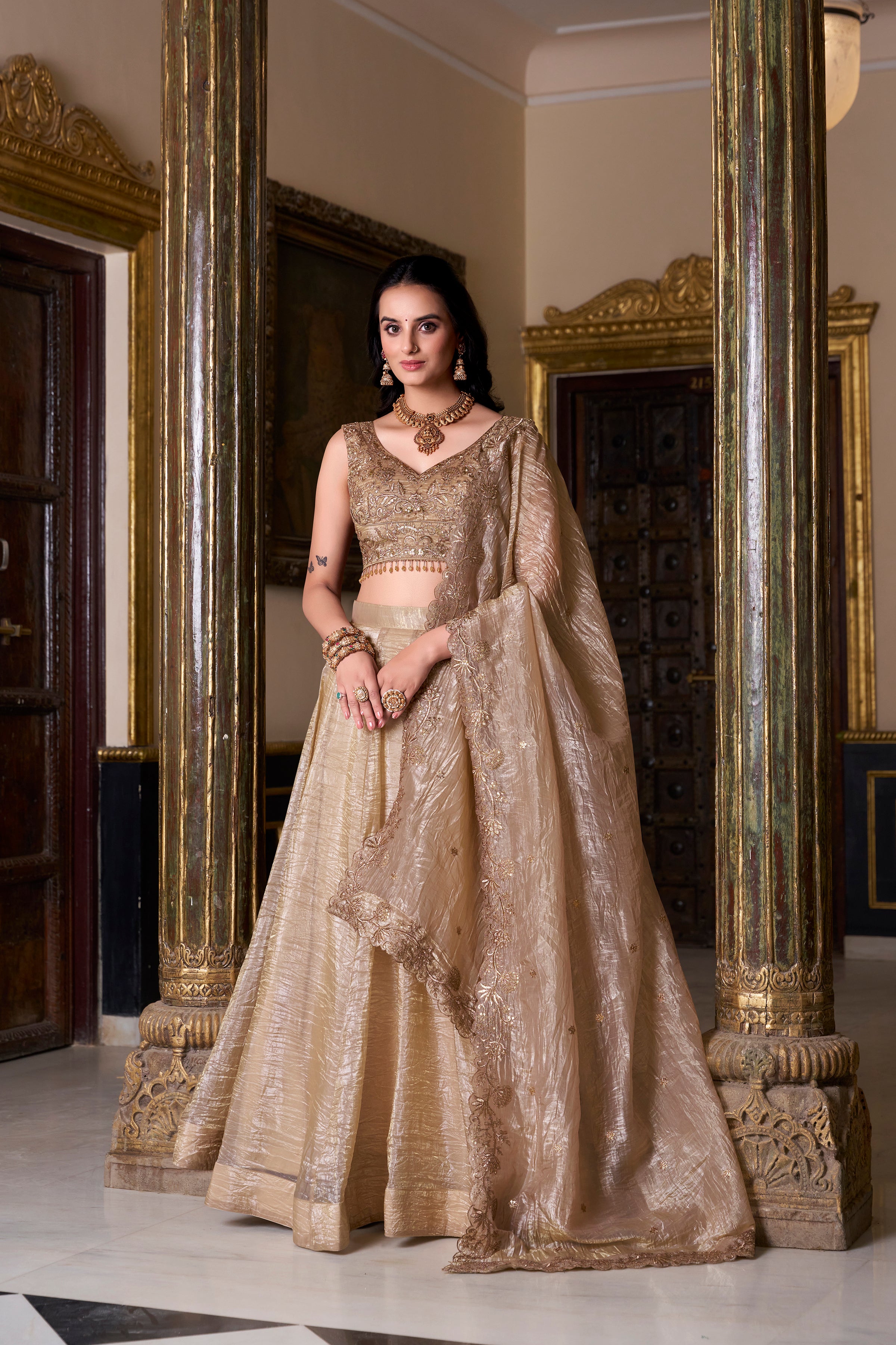Lorenvalley Chiku Gold Crush Plain Lehenga Choli Embroidery Work with Dupatta - Distacart