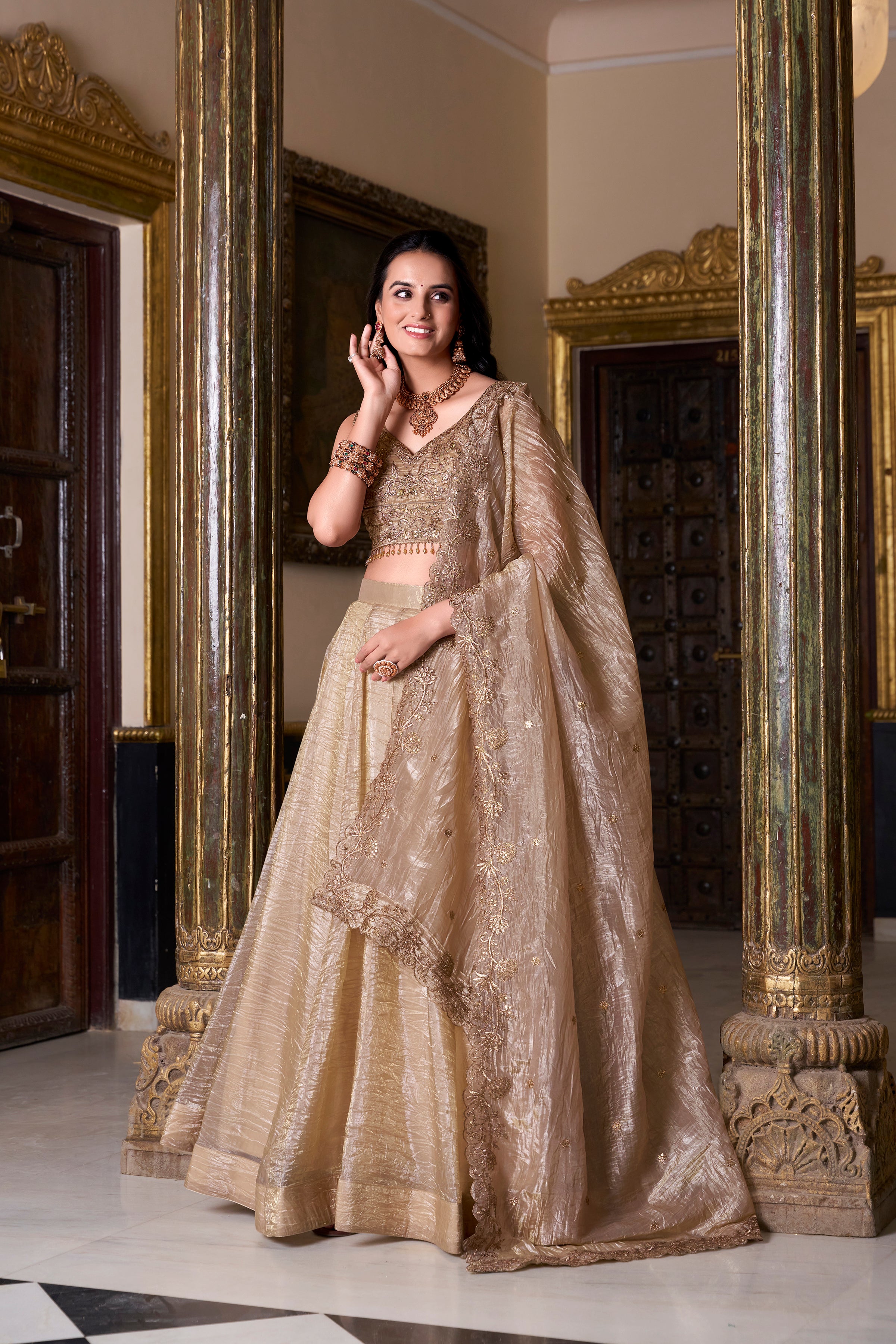 Lorenvalley Chiku Gold Crush Plain Lehenga Choli Embroidery Work with Dupatta - Distacart