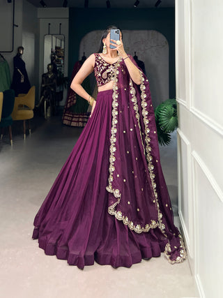 Lorenvalley Wine Organza Plain Lehenga Choli Embroidery Work with Dupatta - Distacart