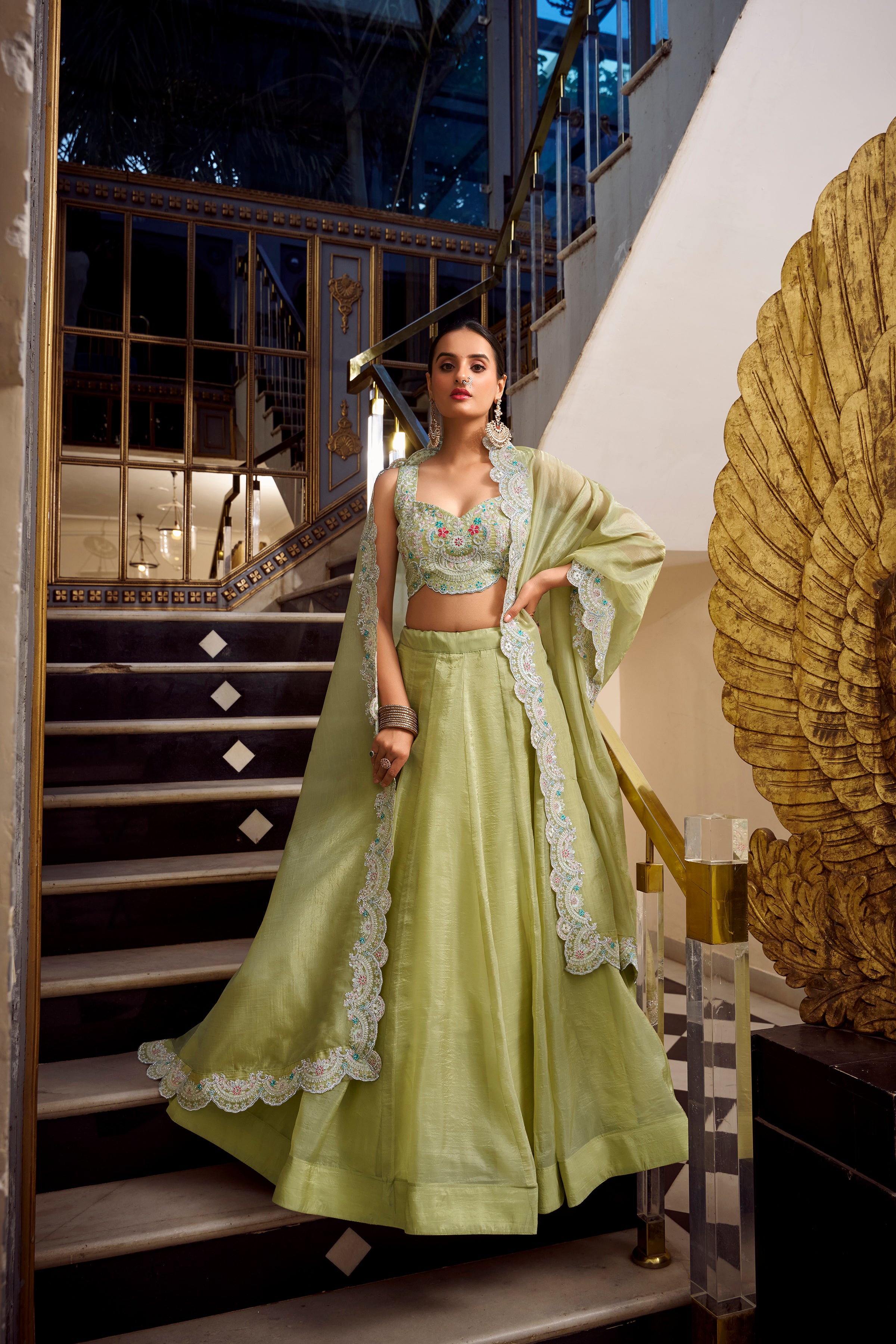 Lorenvalley Parrot Green Gold Crush Fabric Plain Lehenga with Sequins and Thread Embroidery with Jarkan Diamond Work Choli and Dupatta - Distacart