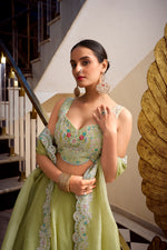 Thumbnail for Lorenvalley Parrot Green Gold Crush Fabric Plain Lehenga with Sequins and Thread Embroidery with Jarkan Diamond Work Choli and Dupatta - Distacart