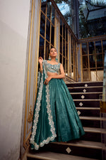 Thumbnail for Lorenvalley Teal Gold Crush Fabric Plain Lehenga with Sequins and Thread Embroidery with Jarkan Diamond Work Choli and Dupatta - Distacart