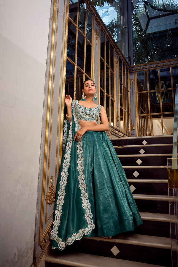 Lorenvalley Teal Gold Crush Fabric Plain Lehenga with Sequins and Thread Embroidery with Jarkan Diamond Work Choli and Dupatta - Distacart