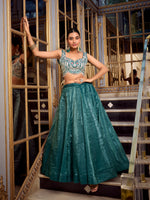 Thumbnail for Lorenvalley Teal Gold Crush Fabric Plain Lehenga with Sequins and Thread Embroidery with Jarkan Diamond Work Choli and Dupatta - Distacart