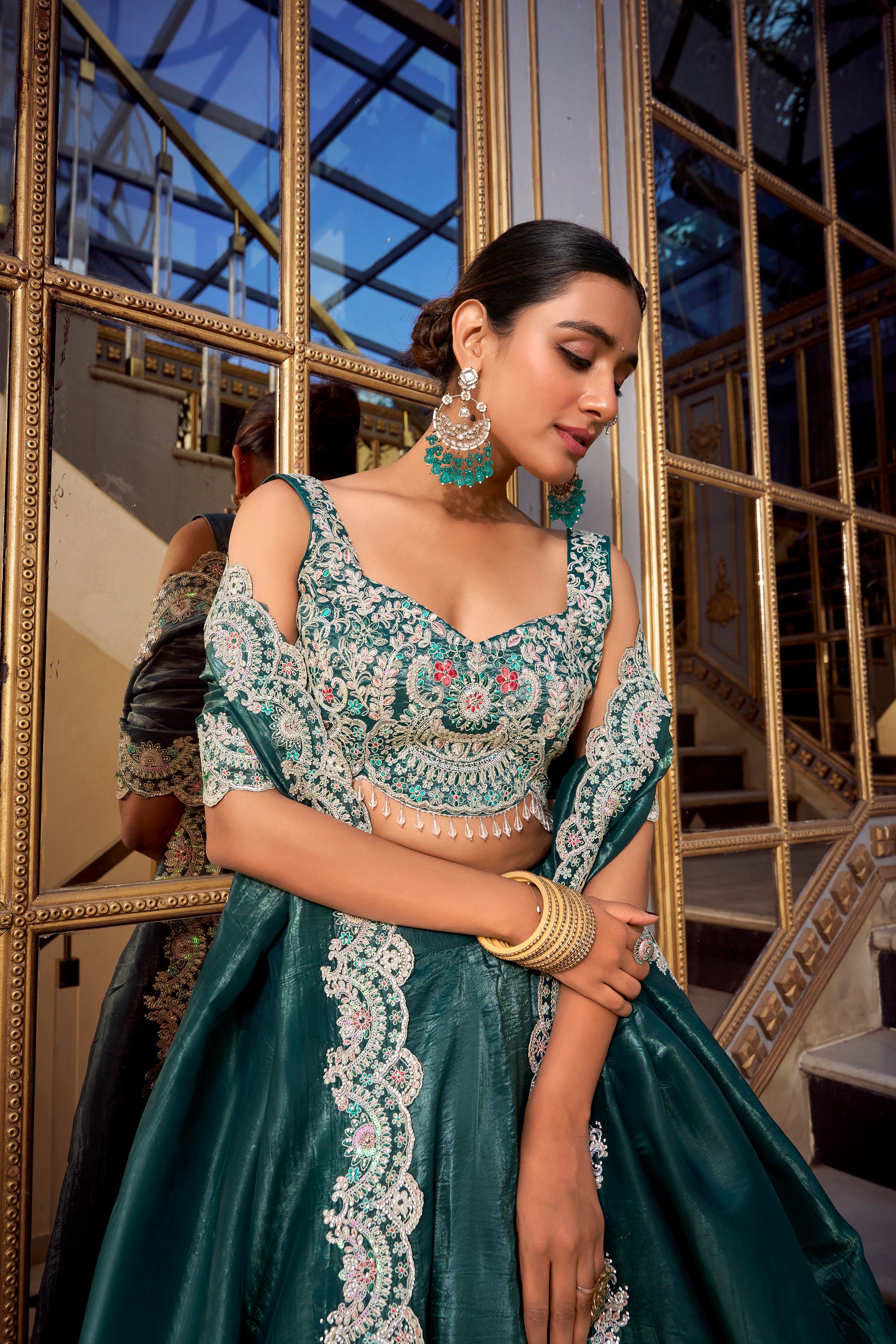 Lorenvalley Teal Gold Crush Fabric Plain Lehenga with Sequins and Thread Embroidery with Jarkan Diamond Work Choli and Dupatta - Distacart