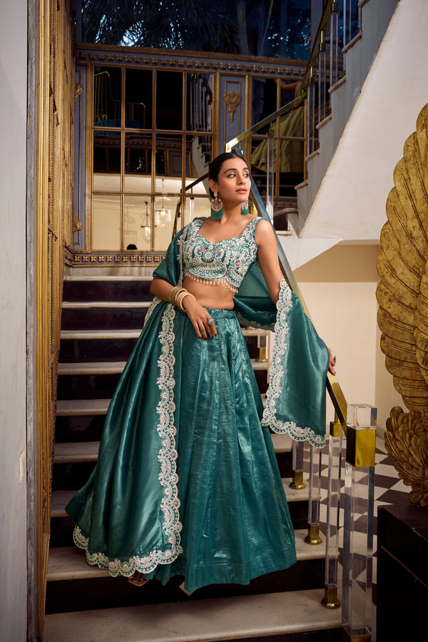 Lorenvalley Teal Gold Crush Fabric Plain Lehenga with Sequins and Thread Embroidery with Jarkan Diamond Work Choli and Dupatta - Distacart