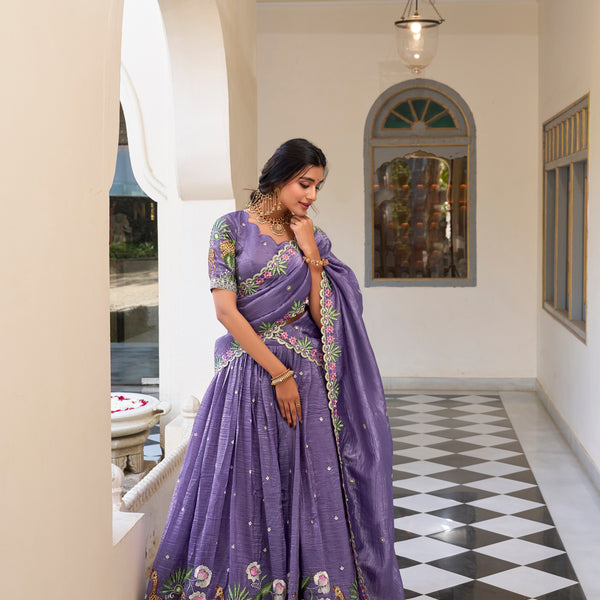 Lorenvalley Lavender Gold Crush Fabric with Sequins and Thread Embroidery Work Lehenga Choli - Distacart