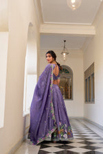 Thumbnail for Lorenvalley Lavender Gold Crush Fabric with Sequins and Thread Embroidery Work Lehenga Choli - Distacart