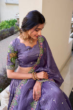 Thumbnail for Lorenvalley Lavender Gold Crush Fabric with Sequins and Thread Embroidery Work Lehenga Choli - Distacart
