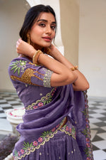 Thumbnail for Lorenvalley Lavender Gold Crush Fabric with Sequins and Thread Embroidery Work Lehenga Choli - Distacart