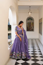 Thumbnail for Lorenvalley Lavender Gold Crush Fabric with Sequins and Thread Embroidery Work Lehenga Choli - Distacart