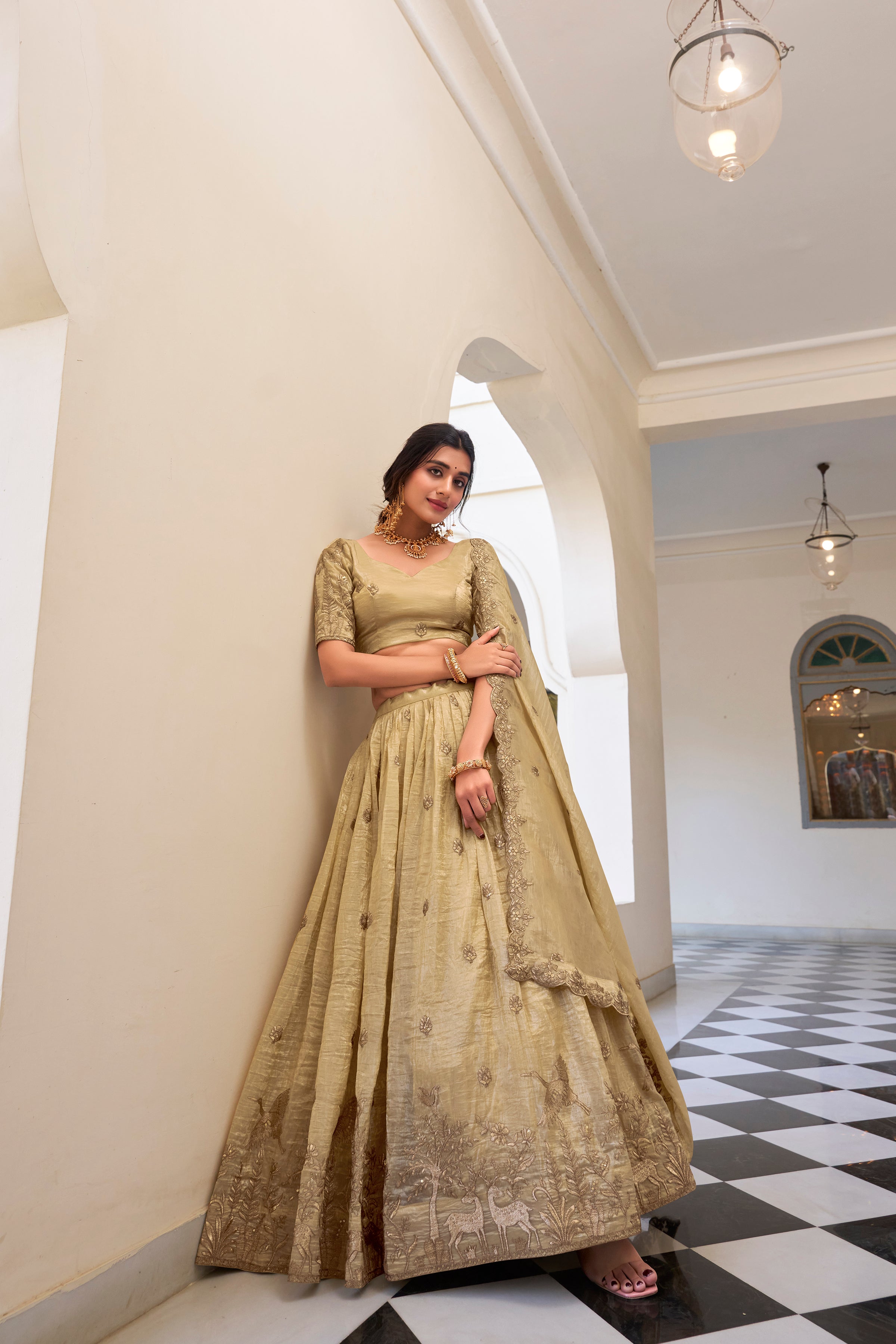 Lorenvalley Cream Gold Crush Fabric with Sequins and Thread Embroidery Work Lehenga Choli - Distacart