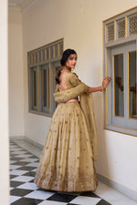 Thumbnail for Lorenvalley Cream Gold Crush Fabric with Sequins and Thread Embroidery Work Lehenga Choli - Distacart