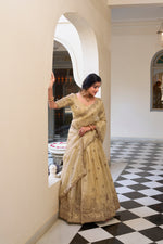 Thumbnail for Lorenvalley Cream Gold Crush Fabric with Sequins and Thread Embroidery Work Lehenga Choli - Distacart