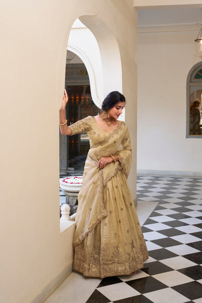 Lorenvalley Cream Gold Crush Fabric with Sequins and Thread Embroidery Work Lehenga Choli - Distacart