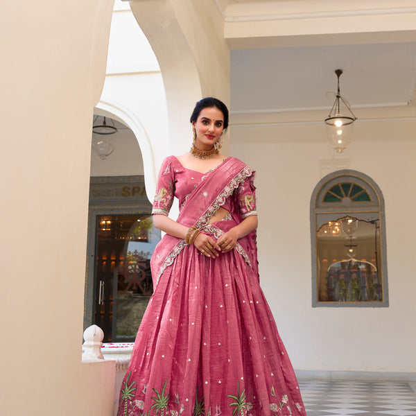 Lorenvalley Pink Gold Crush Fabric with Sequins and Thread Embroidery Work Lehenga Choli - Distacart
