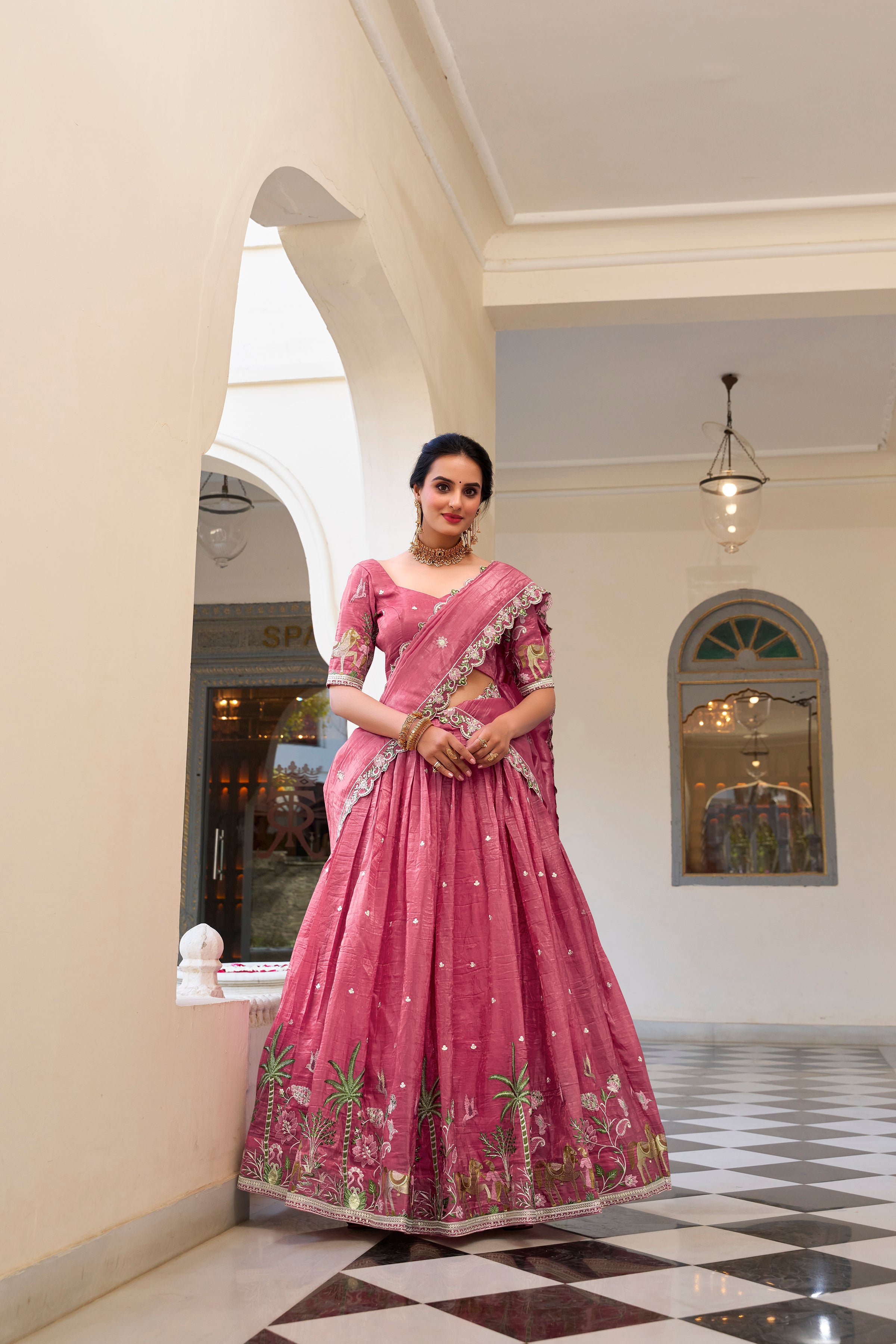 Lorenvalley Pink Gold Crush Fabric with Sequins and Thread Embroidery Work Lehenga Choli - Distacart