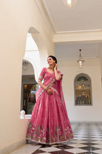 Thumbnail for Lorenvalley Pink Gold Crush Fabric with Sequins and Thread Embroidery Work Lehenga Choli - Distacart