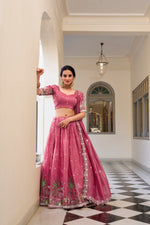 Thumbnail for Lorenvalley Pink Gold Crush Fabric with Sequins and Thread Embroidery Work Lehenga Choli - Distacart