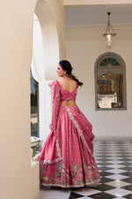 Thumbnail for Lorenvalley Pink Gold Crush Fabric with Sequins and Thread Embroidery Work Lehenga Choli - Distacart