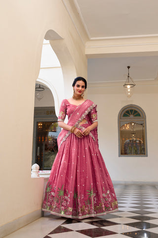 Lorenvalley Pink Gold Crush Fabric with Sequins and Thread Embroidery Work Lehenga Choli - Distacart