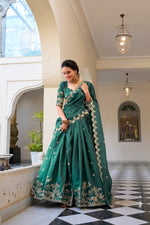 Thumbnail for Lorenvalley Teal Gold Crush Fabric with Sequins and Thread Embroidery Work Lehenga Choli - Distacart
