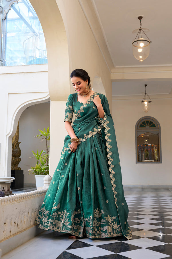 Lorenvalley Teal Gold Crush Fabric with Sequins and Thread Embroidery Work Lehenga Choli - Distacart