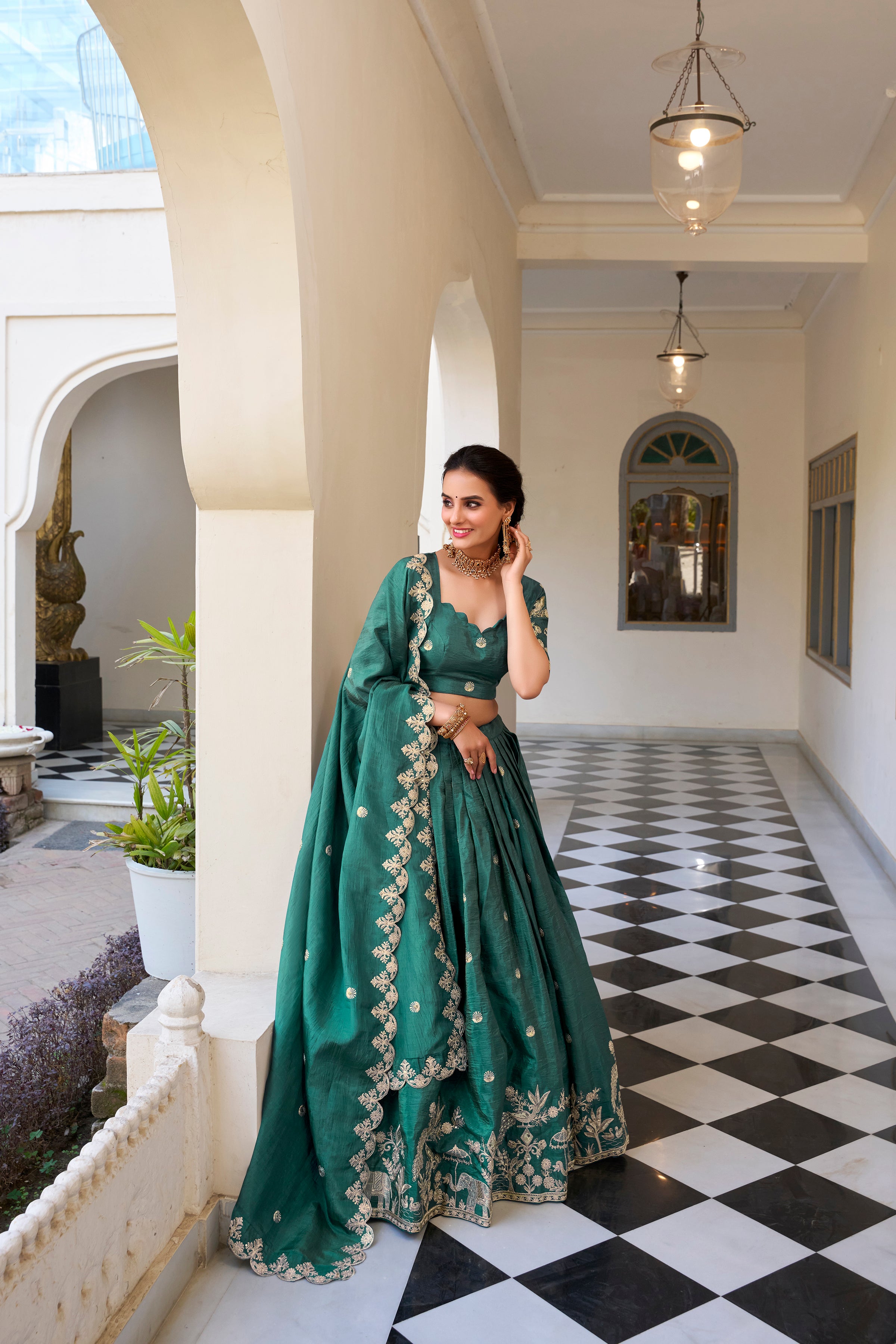 Lorenvalley Teal Gold Crush Fabric with Sequins and Thread Embroidery Work Lehenga Choli - Distacart