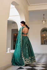 Thumbnail for Lorenvalley Teal Gold Crush Fabric with Sequins and Thread Embroidery Work Lehenga Choli - Distacart