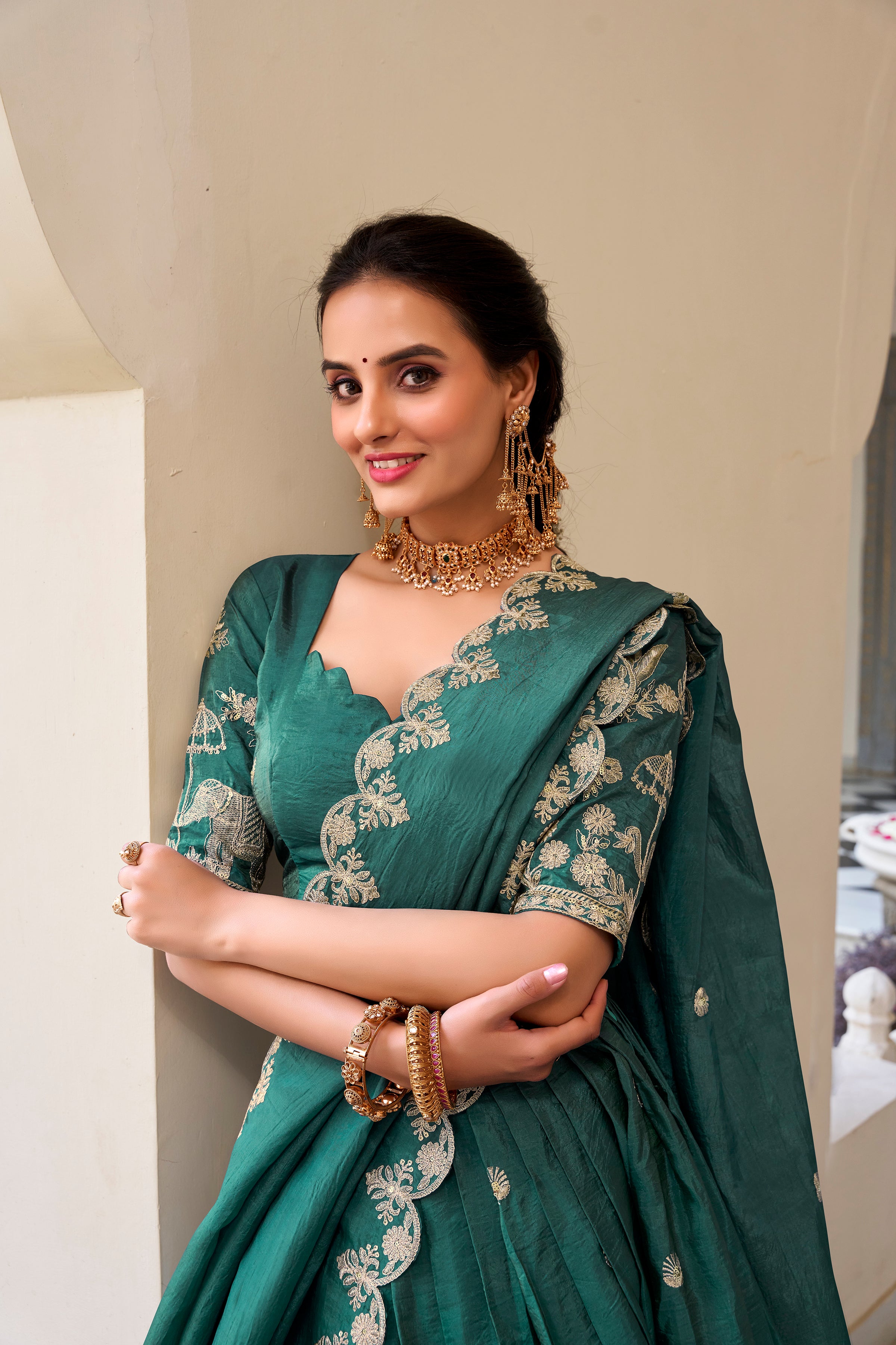 Lorenvalley Teal Gold Crush Fabric with Sequins and Thread Embroidery Work Lehenga Choli - Distacart
