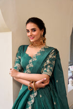 Thumbnail for Lorenvalley Teal Gold Crush Fabric with Sequins and Thread Embroidery Work Lehenga Choli - Distacart