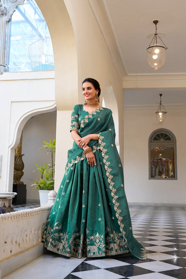 Lorenvalley Teal Gold Crush Fabric with Sequins and Thread Embroidery Work Lehenga Choli - Distacart