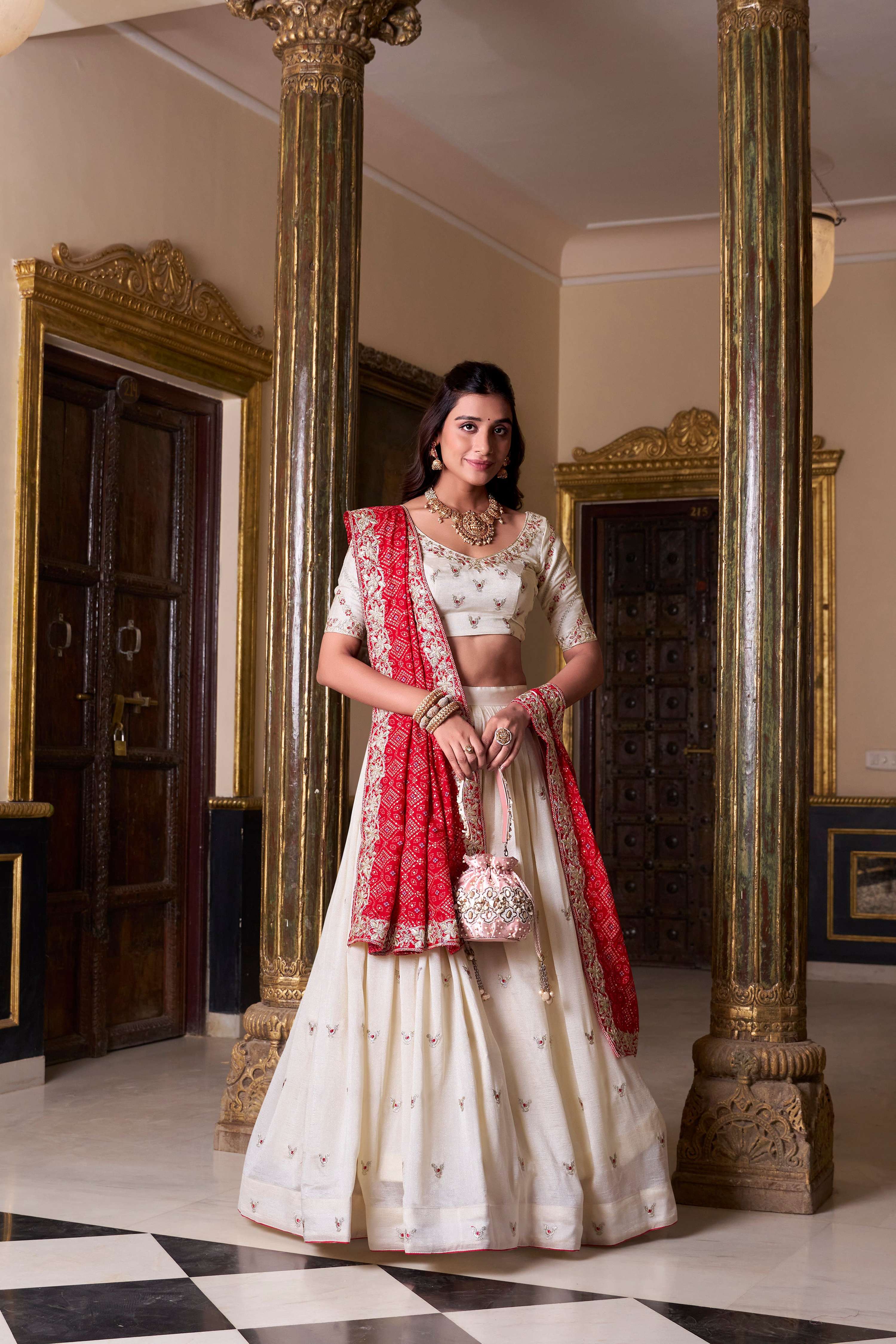 Lorenvalley Fashion Offwhite Vichitra Silk Sequins and Thread Embroidery Work Lehenga Choli with Dupatta
