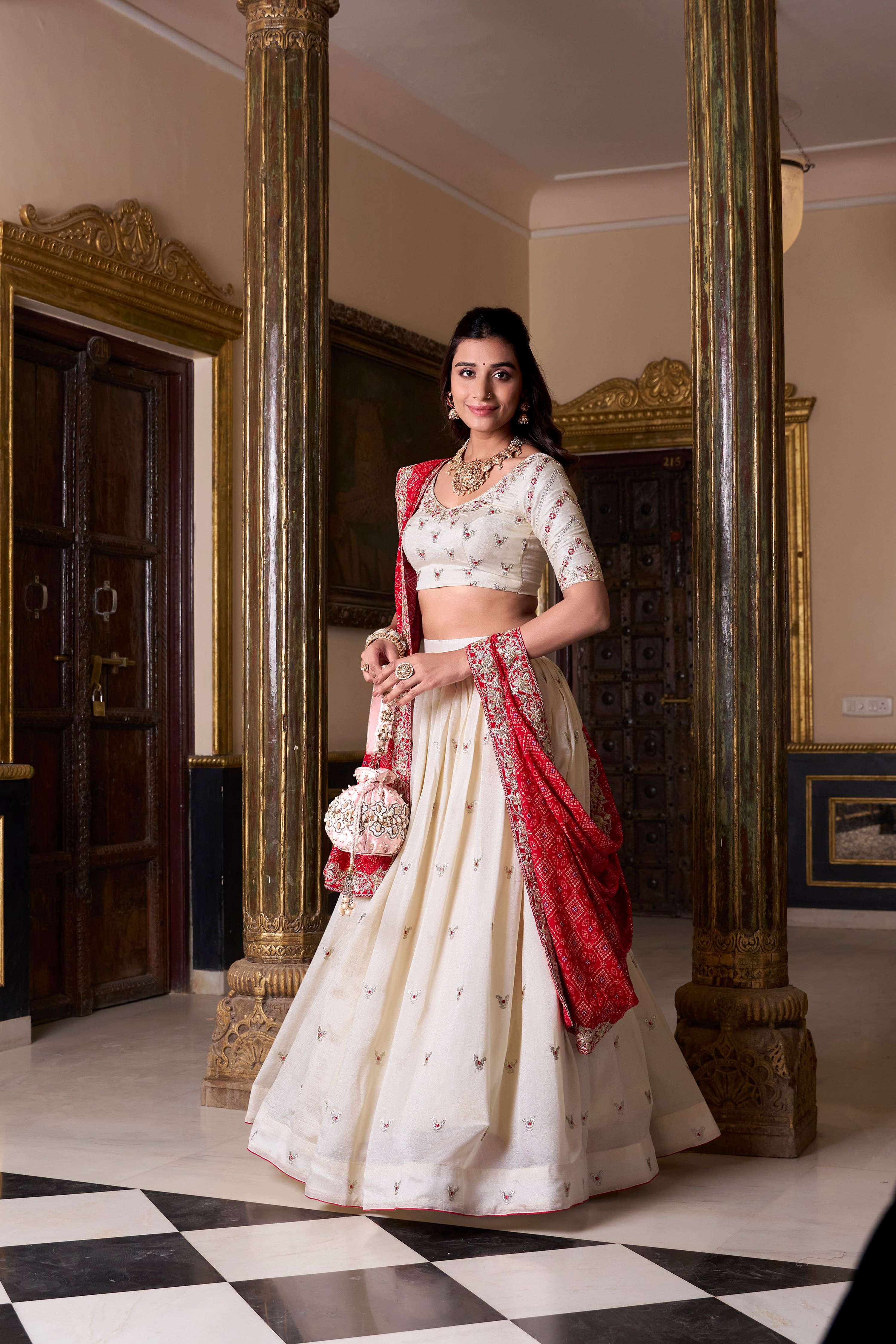 Lorenvalley Fashion Offwhite Vichitra Silk Sequins and Thread Embroidery Work Lehenga Choli with Dupatta