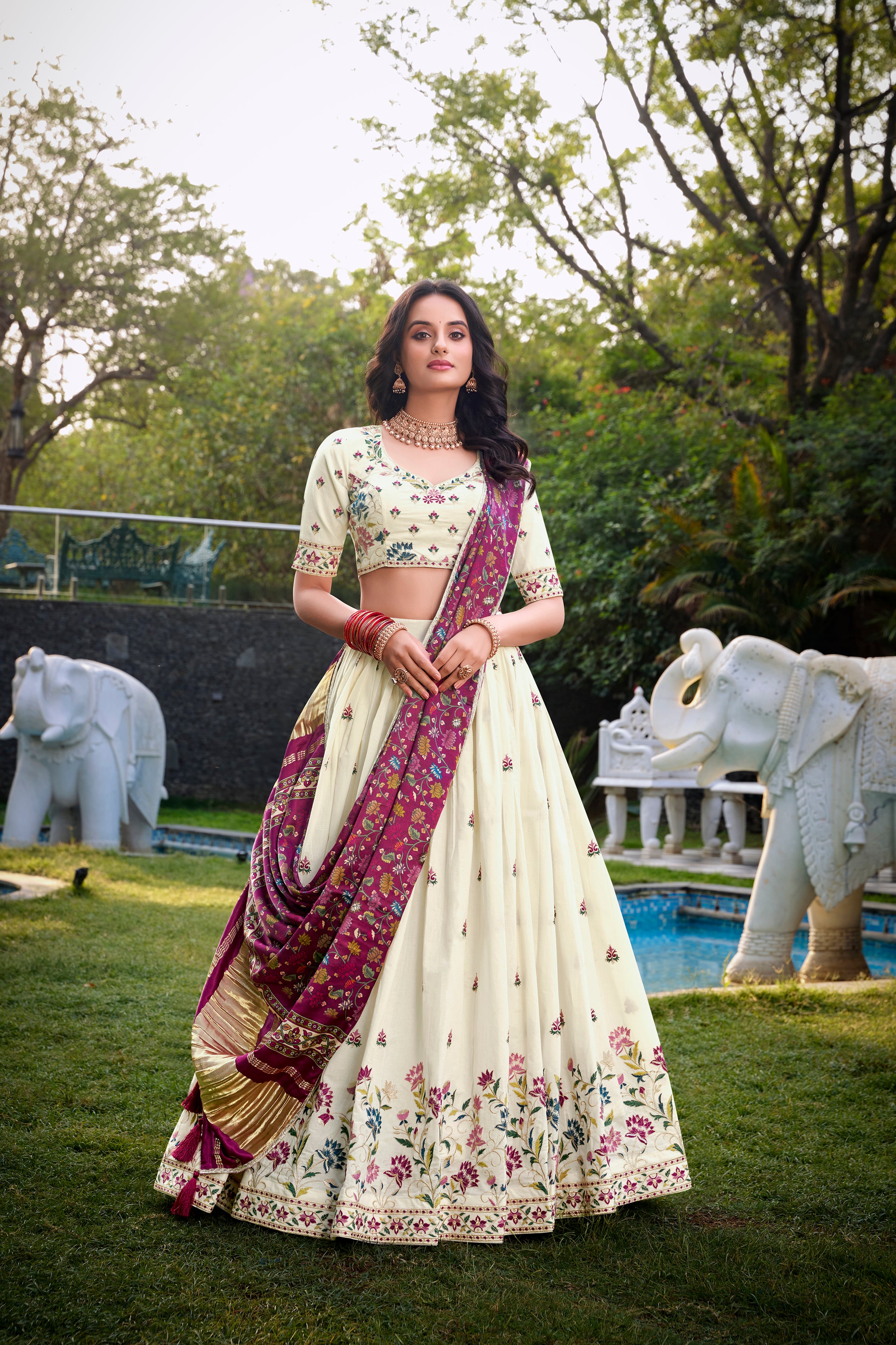 Lorenvalley Offwhite Khadi Cotton Sequins And Thread Embroidery Work Lehenga Choli with Dupatta