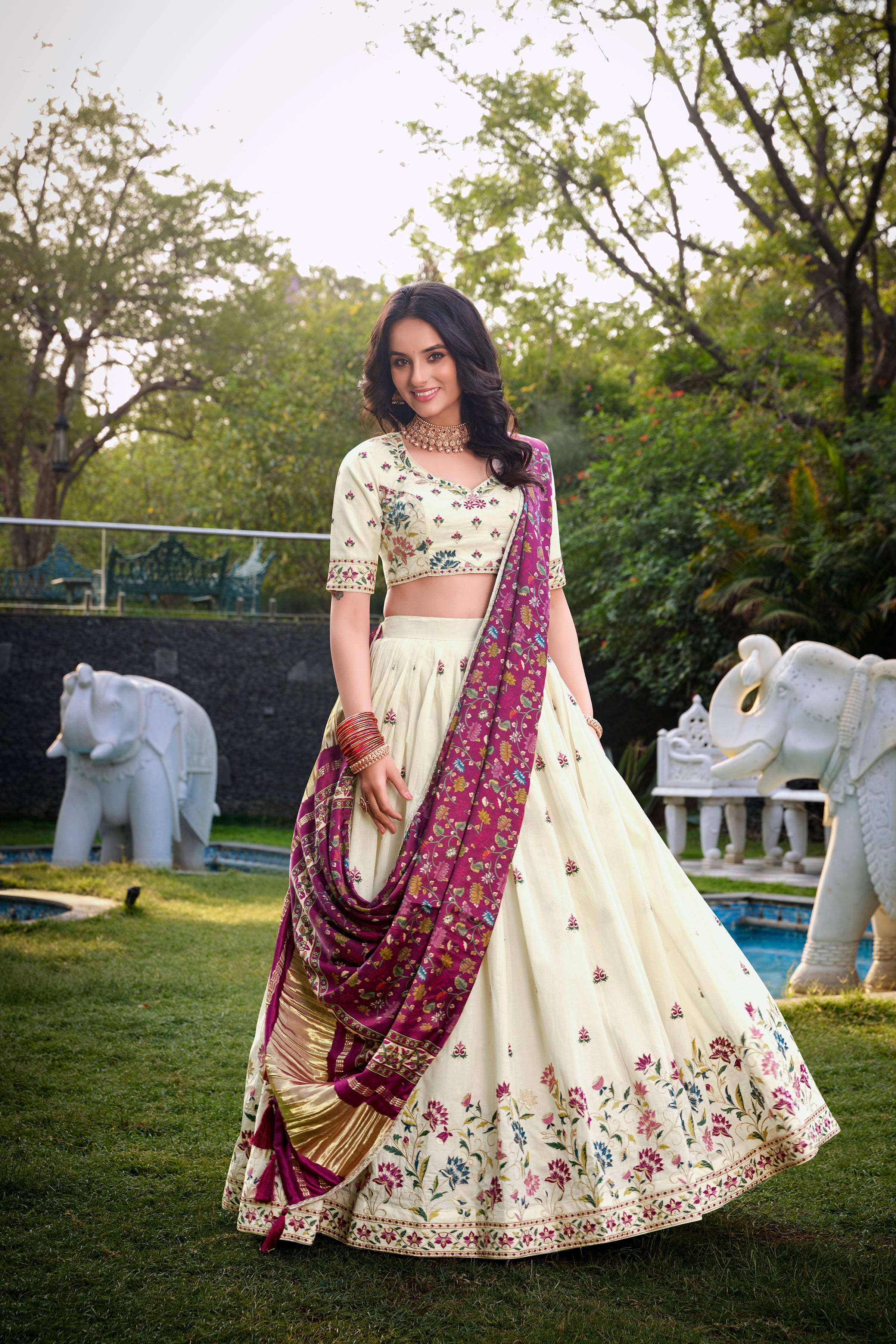 Lorenvalley Offwhite Khadi Cotton Sequins And Thread Embroidery Work Lehenga Choli with Dupatta