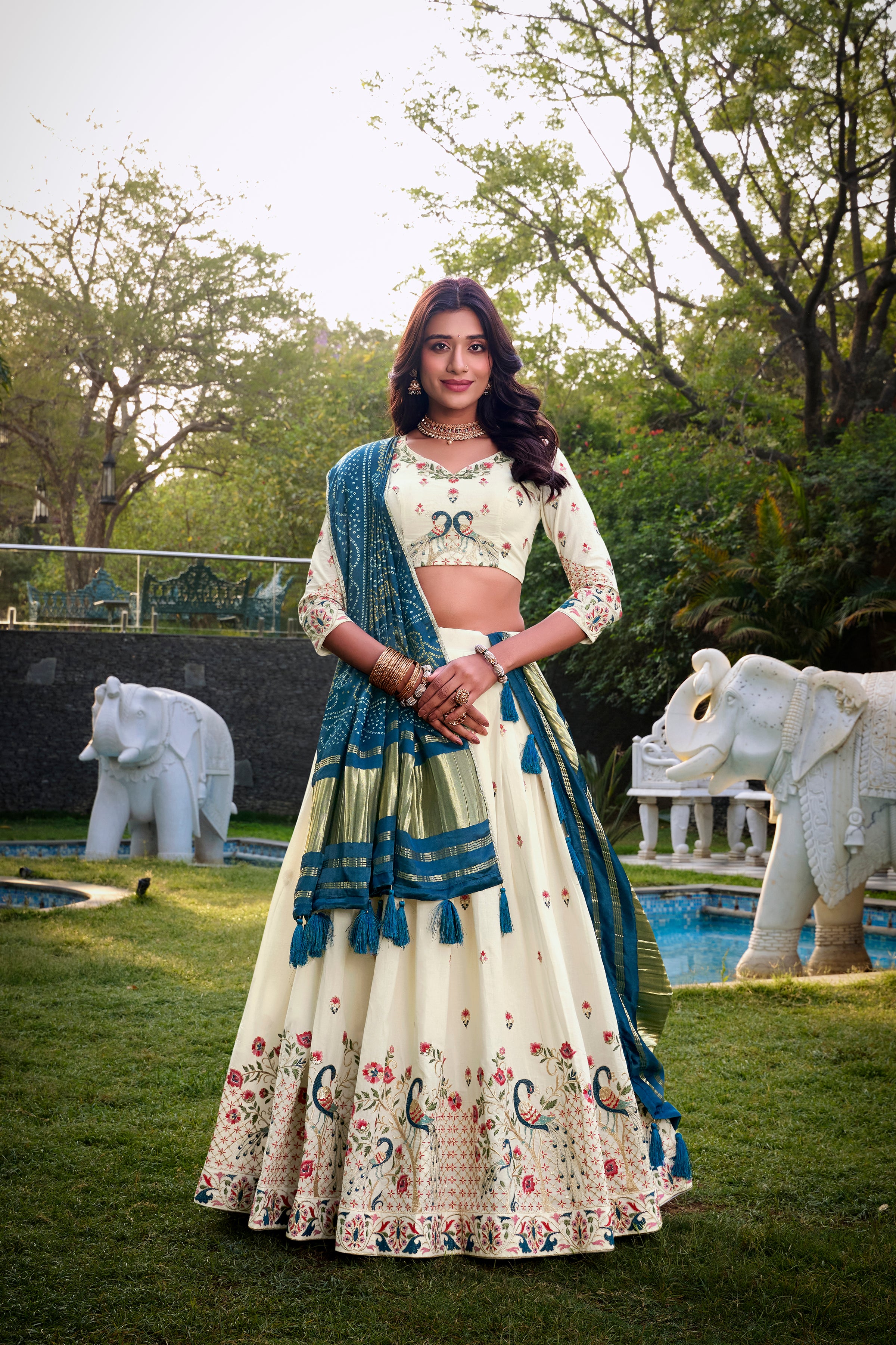 Lorenvalley Offwhite Khadi Cotton Sequins And Thread Embroidery Work Lehenga Choli with Dupatta