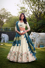 Thumbnail for Lorenvalley Offwhite Khadi Cotton Sequins And Thread Embroidery Work Lehenga Choli with Dupatta