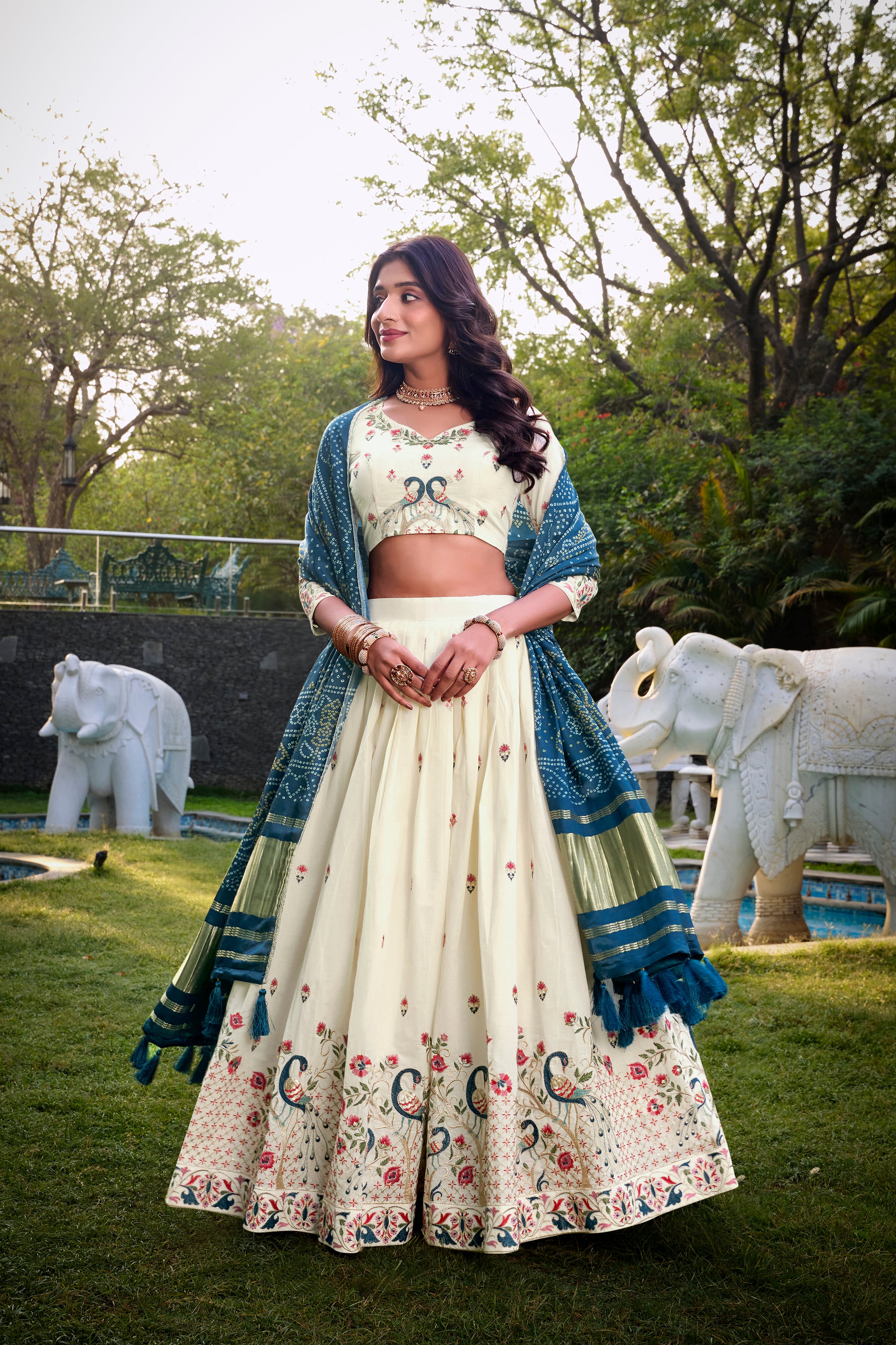 Lorenvalley Offwhite Khadi Cotton Sequins And Thread Embroidery Work Lehenga Choli with Dupatta