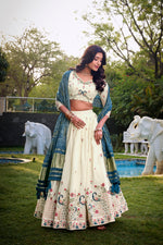 Thumbnail for Lorenvalley Offwhite Khadi Cotton Sequins And Thread Embroidery Work Lehenga Choli with Dupatta