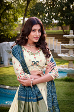 Thumbnail for Lorenvalley Offwhite Khadi Cotton Sequins And Thread Embroidery Work Lehenga Choli with Dupatta