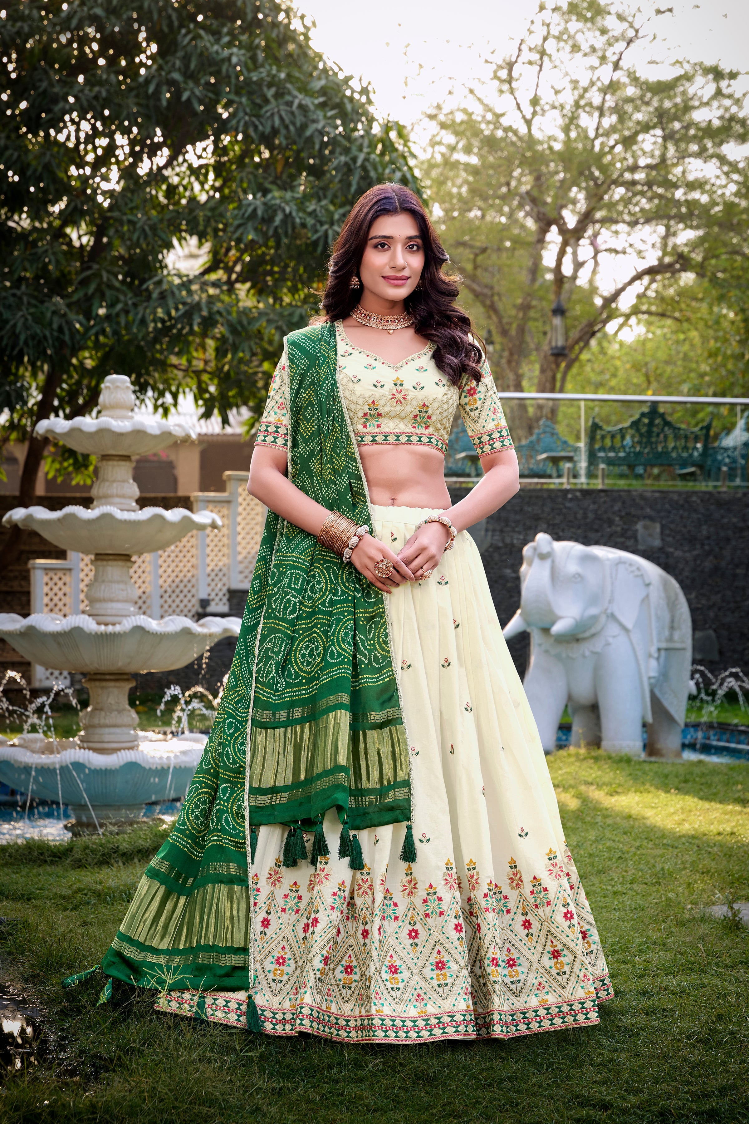 Lorenvalley Offwhite Khadi Cotton Sequins And Thread Embroidery Work Lehenga Choli with Dupatta